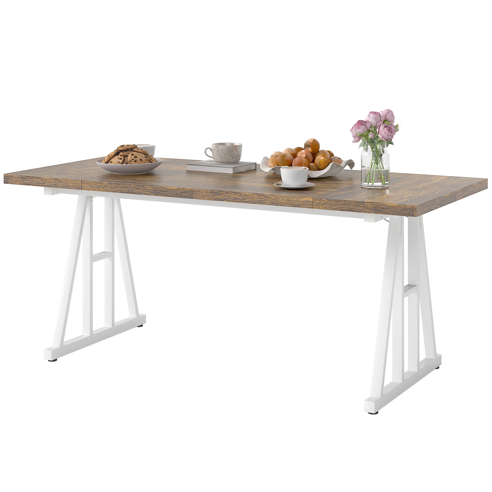CoSoTower Farmhouse Kitchen Table for 8, Rectangular Dining Table with Thick Tabletop and Steel Trestle Legs, Brown and White