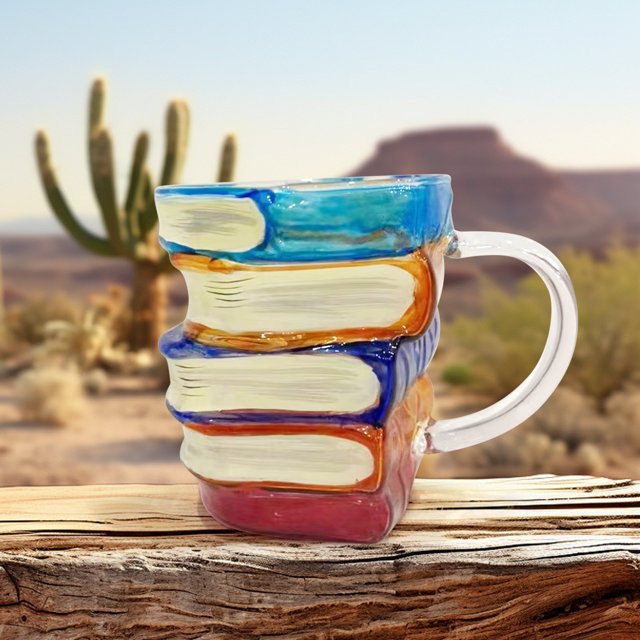 Danhjin Glass Cup Novelty Painted Book Coffee Mug Unique Book Stacking Coffee Mug Collectible Gift For Literature Lovers Cups