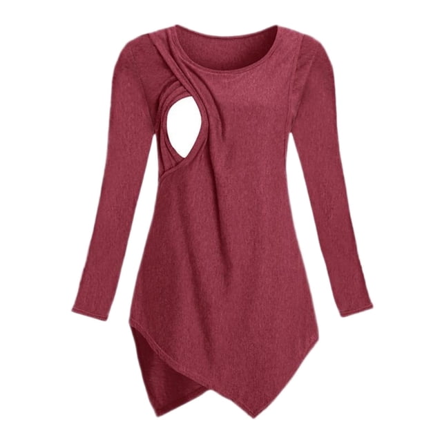 Long Sleeve Blouse Pregnancy Nursing Top, Maternity Ribbed Long Sleeve with Side Drawstring, Round Neck Blouse Long Sleeve Tops