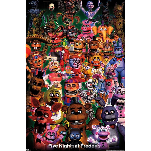 Five Nights at Freddy's - Affiche Murale de Groupe Ultime, 22,375 Po x 34 Po Présentant un collage avant de Personnages Animatroniques Détaillés de la Série de Jeux. l'Affiche Met en Valeur des Personnages Vibrants et Mécaniques, Y Compris Freddy Fazbear, Bonnie, Chica, Foxy, et Autres sur un Fond Vert Foncé, Idéale pour Décorer des Chambres, des Bureaux Ou des Salles de Jeux.