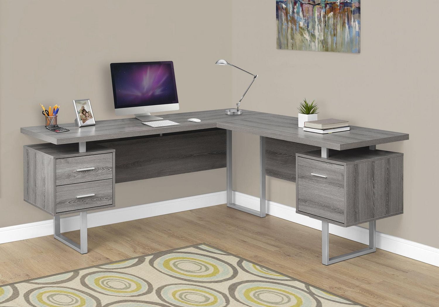 Monarch Specialties Computer Desk, Home Office, Corner, Left, Right Set-up, Storage Drawers, 70"l, L Shape, Work, Laptop, Metal, Laminate, Brown, Grey, Contemporary, Modern