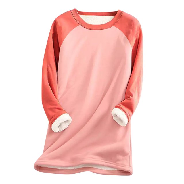Chandail en Molleton Doublé Sherpa en Polaire pour Femmes, Chandail Chaud d'Hiver, Col Rond, Automne, Tunique de Détente, Rouge Melon D\'eau 2TG