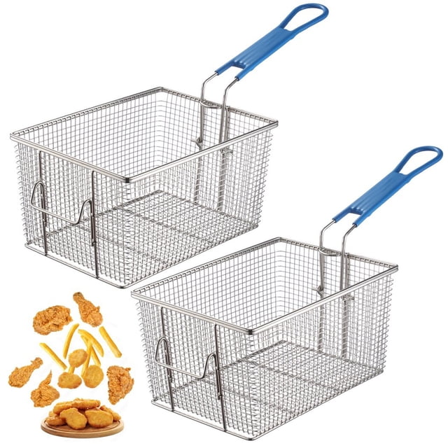 2PCS Deep Fryer Basket, Stainless Steel Fry Basket with Non-Slip Handle, Sturdy Square Food Strainer for Home and Commercial Use