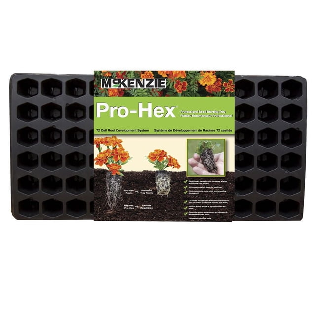 Pro-Hex Professional Seed Starting Tray by McKenzie Seeds with 72 hexagon-shaped cells that promote stronger root systems and minimize transplant shock for seedlings, includes a greenhouse dome; also suitable for starting herbs and small plants indoors.