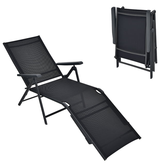 Gymax Chaise Longue d'Extérieur Réglable pour Patio et Plage, Fauteuil Inclinable Pliant, Noir