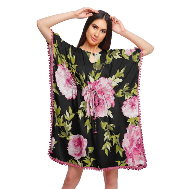 Moomaya Robe Courte de Caftan de Plage, Robe de Couverture Imprimée, Kaftan pour Femmes, Tenue de Plage, Couverture