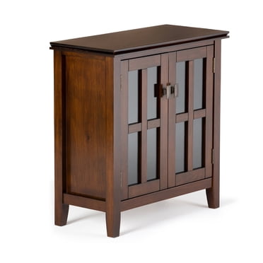 SIMPLIHOME Artisan SOLID WOOD 30 inch Wide Contemporary Low Storage Cabinet in Russet Brown, with 2 Tempered Glass Doors, 2 Adjustable Shelves