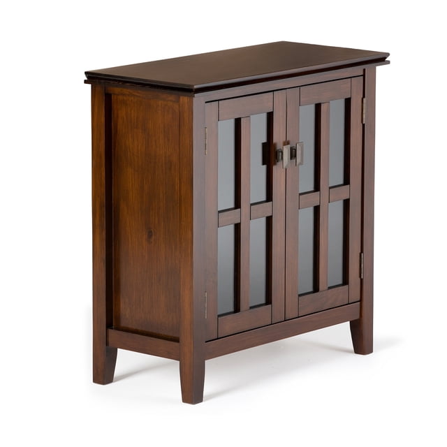 SIMPLIHOME Artisan Armoire de Rangement Basse Contemporaine en Bois Massif de 30 Pouces de Large, Brun Roux, avec 2 Portes en Verre Trempé, 2 Tablettes Ajustables