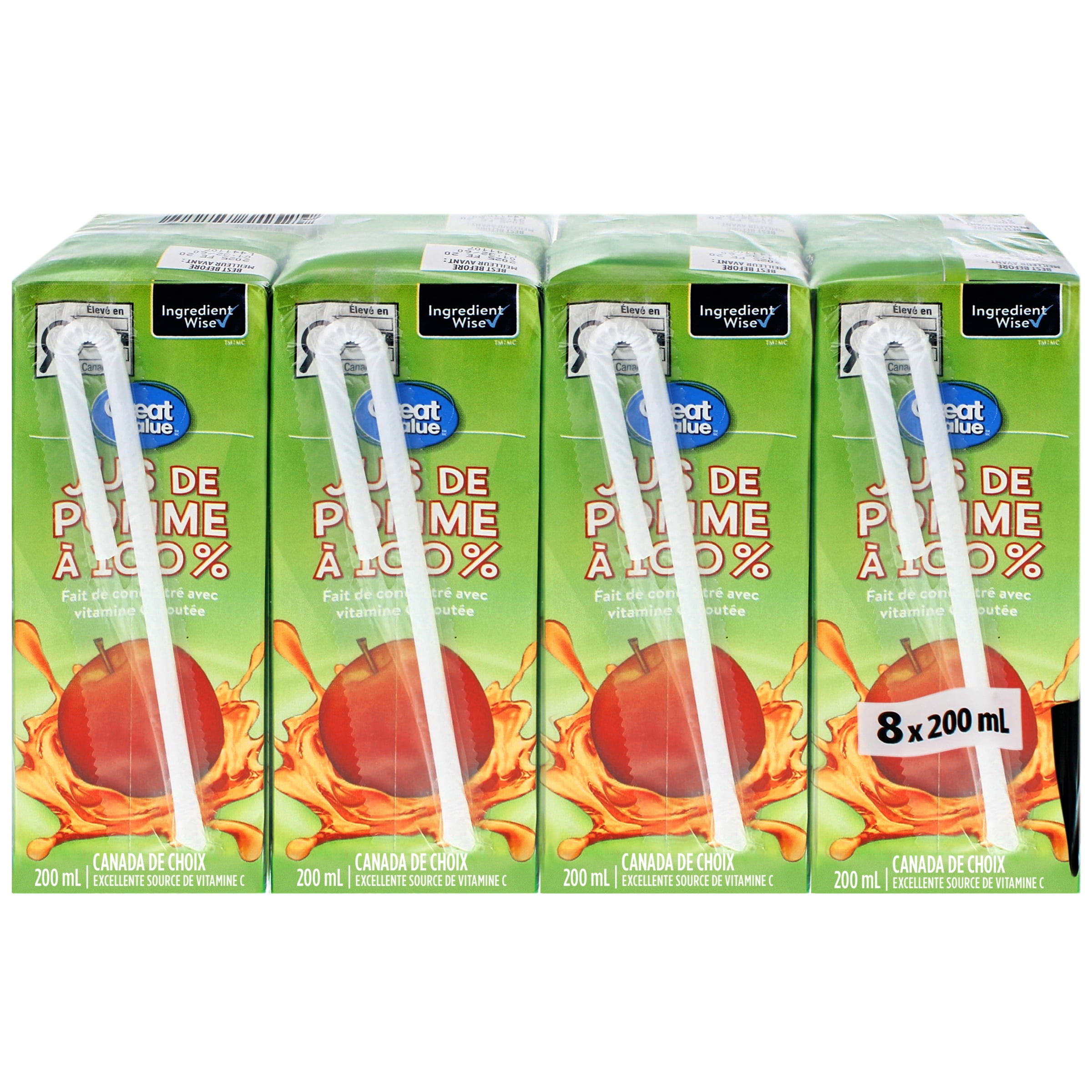 Great Value Jus de Pomme Fait de Concentré 200ML, Lot de 8