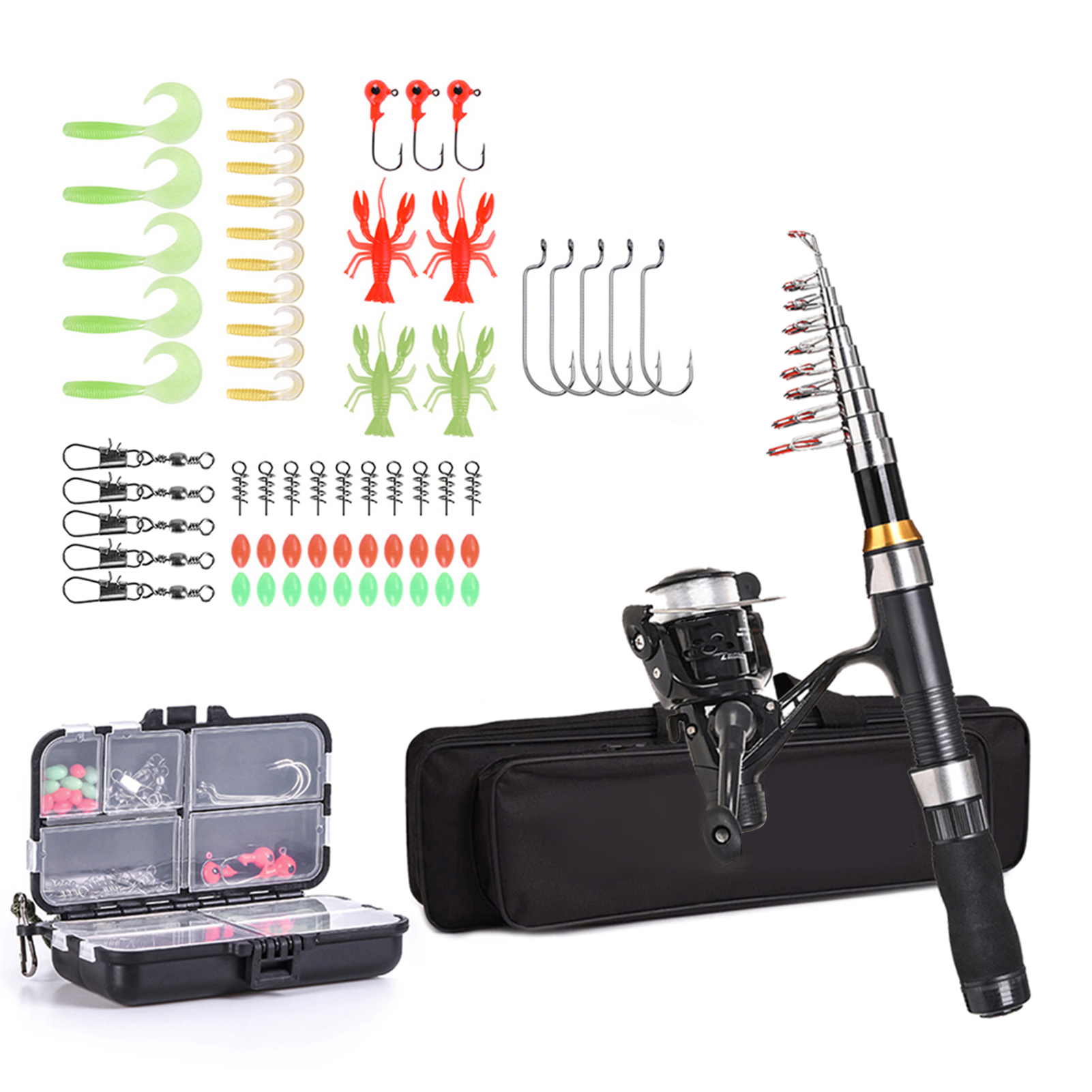 Rod Lixada Fishing Rod Reel Combo Full Kit with 2.1m 2. Telescopic Fishing Rods 2PCS Spinning Reels Set with Hooks Soft Lures Barrel Swivels Storage Bag