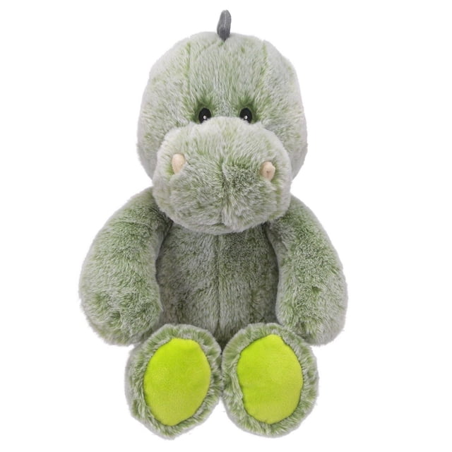 Kid Connection super soft jungle animal 12''H Dinosaur plush toy in grey with silky two-tone fabric, embroidered eyes and mouth, and lime green fabric on the soles of its feet, measuring 7"W x 13"D x 12"H, suitable as a huggable stuffed animal for all ages.