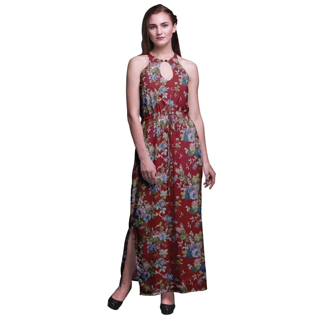 Bimba Floral Ladies Crew Neck Waist String Print Maxi Dress with Side Slits Summer Wear-Small