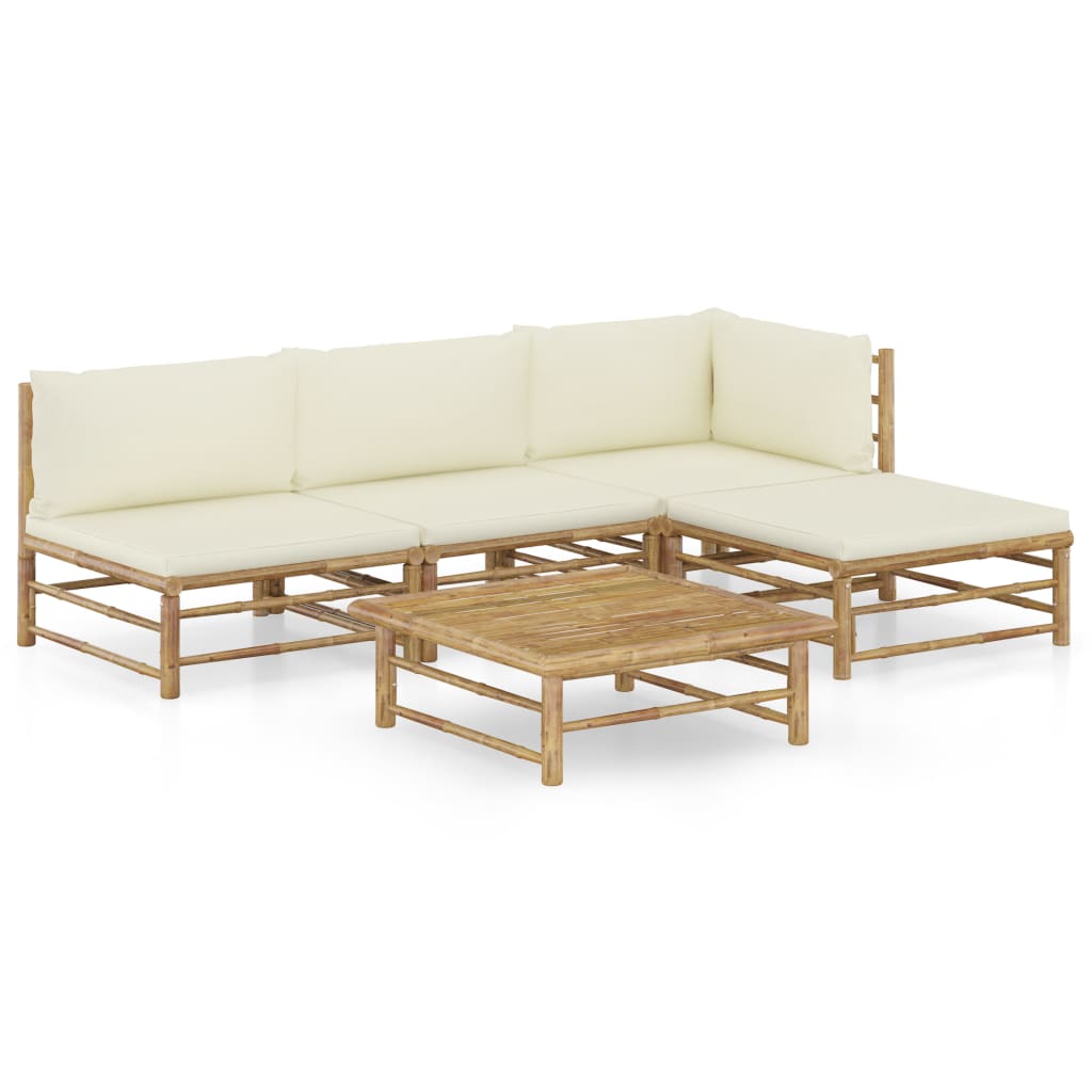 vidaXL 5 Piece Garden Lounge Set with Cream White Cushions Bamboo