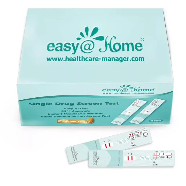 Easy@Home (Lot de 10) Marijuana (THC) Test de Dépistage de Drogues à Panneau Unique, WEDTH-114-10. l'Image Montre une Boîte Bleu Pâle avec le logo Easy@Home et le Site Web, Contenant des Trousses de Test de Drogues THC Emballées Individuellement. Deux Bandes de Test Sont Affichées devant la Boîte, Affichant des Résultats d'Échantillon avec Contrôle et Lignes de Test. Ces tests Sont Approuvés par la FDA, Auxquels Il Est Renoncé et Offrent une Précision de 99