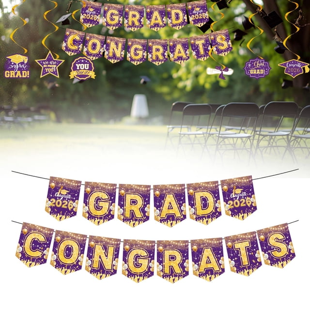 Graduation Decorations 2026 Set Black Gold, Congrats Grad Decor Set with Banner Backdrop Porch Sign,Hanging Swirls Honeycomb Centerpieces Balloons for Grad Party Decorations