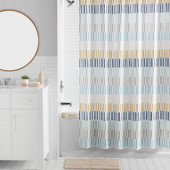 Ensemble de salle de bain Mainstays de 16 pièces à rayures multicolores – Rideau de douche en tissu avec tapis, crochets, distributeur de savon et plateau