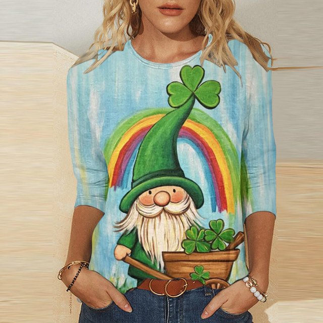 Mceream T-Shirts pour Femmes à Manches 3/4 Longueur St Patricks Day Shirt, Col Rond de Printemps, T-Shirts Décontractés, Blouses à Imprimé Floral, T-Shirts Graphiques, Tenues d'Été, Hauts Boho, Grande Taille, Chemises à Imprimé Trèfle TTG