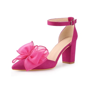 BLISSFUL STEP Women's Shoes Bow Pointed Toe Block Heel Ankle Strap Pumps Hot Pink 8