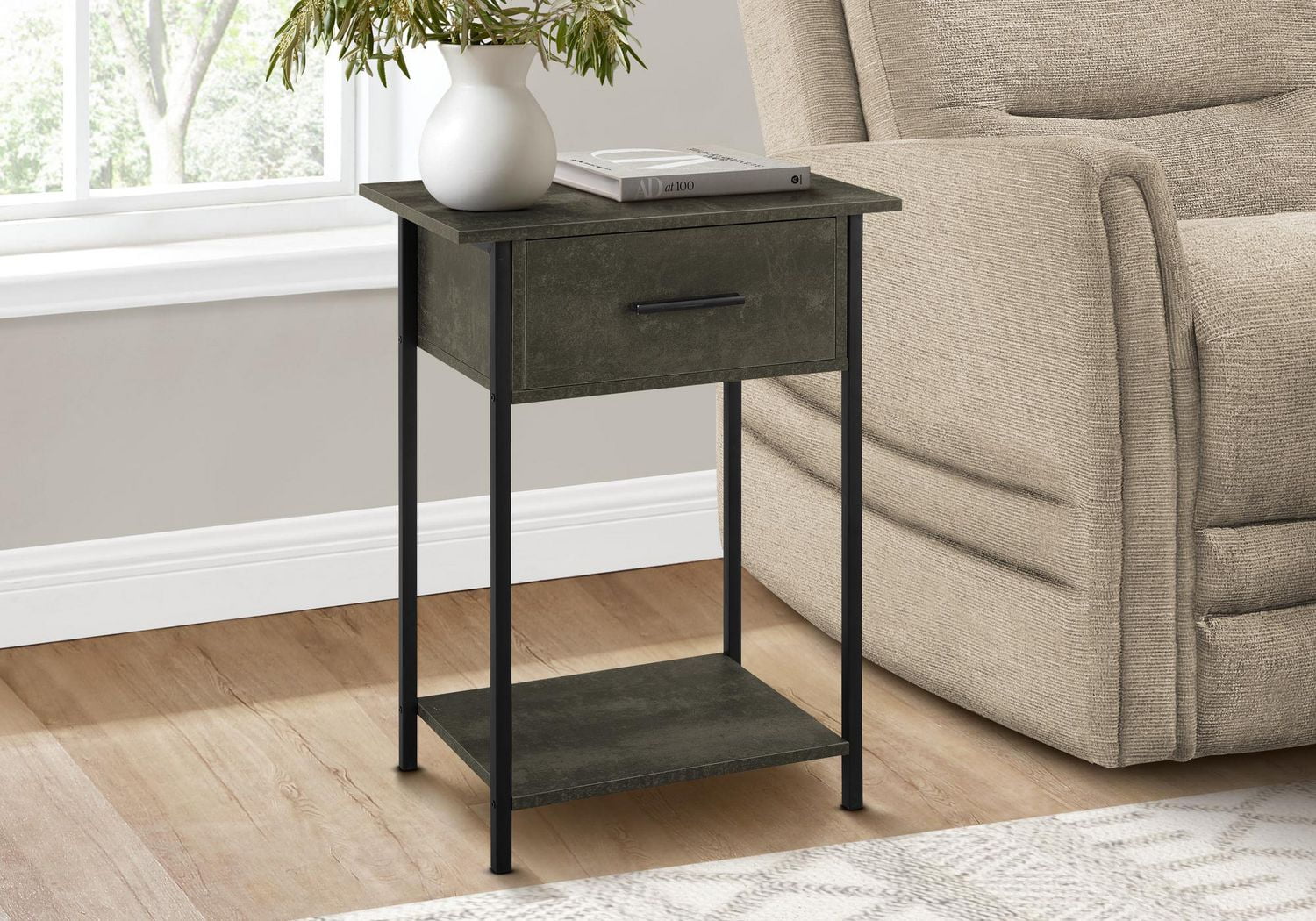 Monarch Specialties Accent Table, 2 Tier, End, Lamp, Living Room, Side Table, Storage Drawer, Small, Dark Bronze Laminate, Black Metal, Contemporary