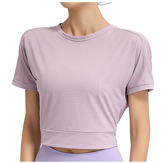 Besolor Hauts Courts d'Entraînement pour Femmes à Rayures, Col Ras du Cou, Manches Courtes, Chandails d'Été Décontractés, T-Shirts de Yoga et de Sport