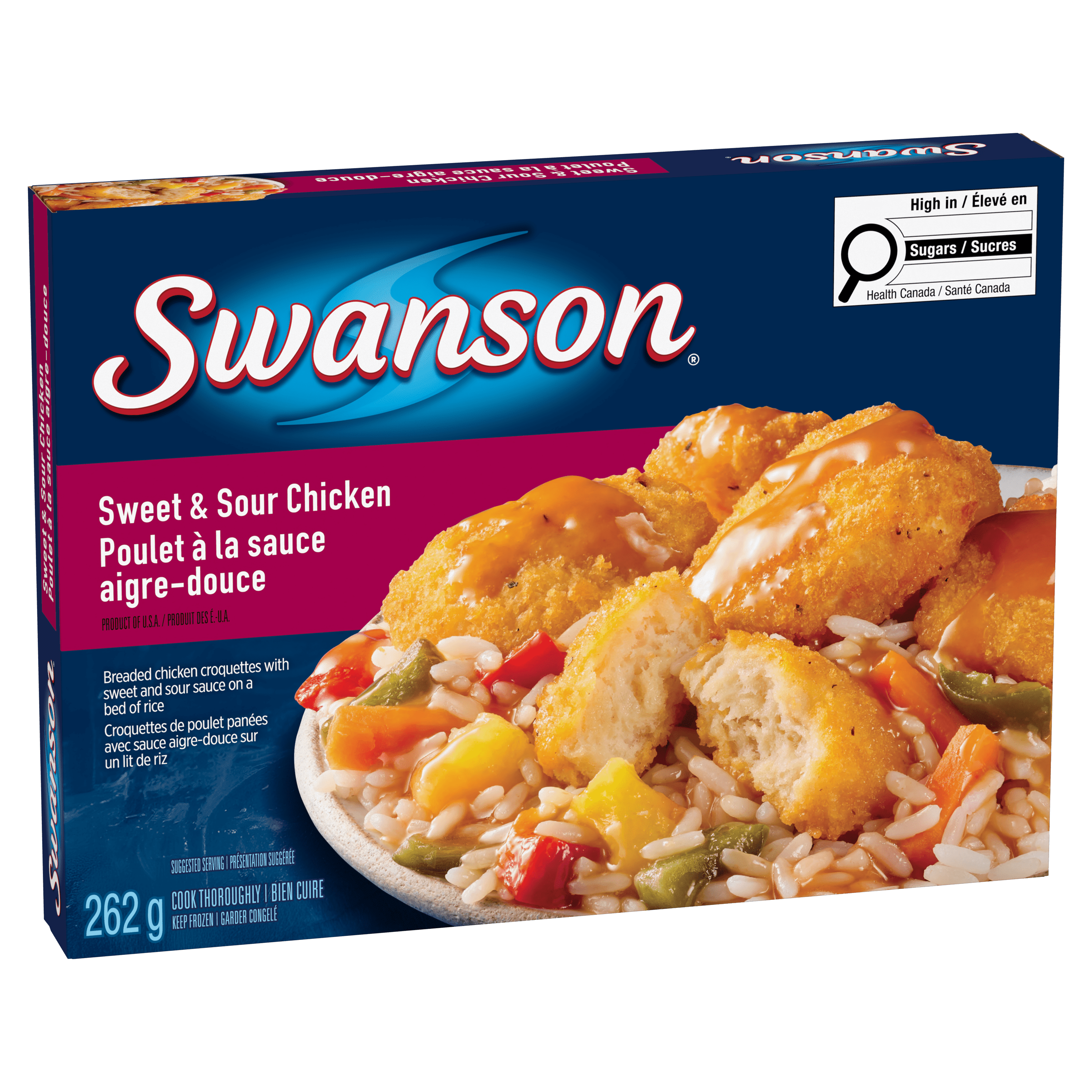 Swanson Poulet à la sauce aigre-douce, Croquettes de poulet panées avec sauce aigre-douce sur un lit de riz Poulet à la sauce aigre-douce, 262g