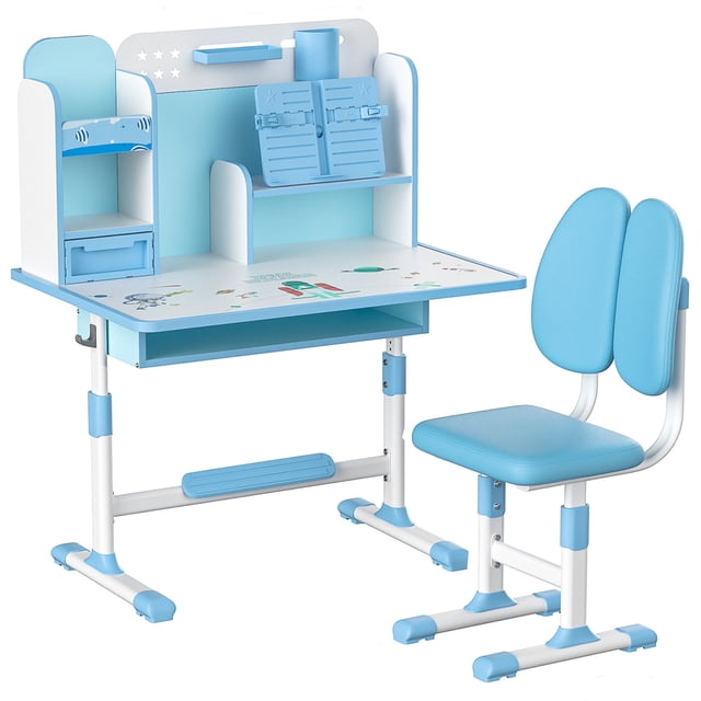 kluokesi 1 Ensemble Chaise de Bureau pour Enfants, Hauteur Réglable Table d'Étude pour Enfants avec Correcteur d'Assise, Design de Partition (Bleu)