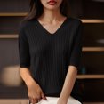 thumbnail image 2 of Womens Short Sleeve V Neck T Shirt 2025 Summer Ribbed Knit Slim Fit Basic Solid Color Tee Tops Fashion Clothes, 2 of 3