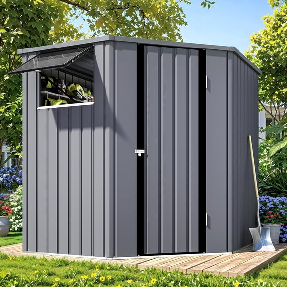 AECOJOY Remise d'Angle Extérieure 6 Pieds X 6 Pieds, Remise en Acier Métallique avec Fenêtres Ouvrables et Portes Verrouillables, Rangement Utilitaire et pour Outils pour Jardin, Cour Arrière, Patio