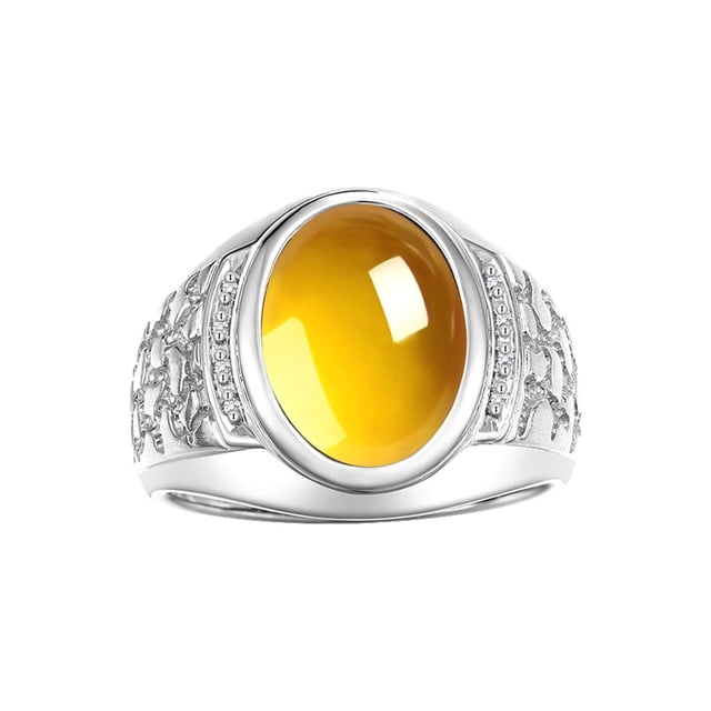 RYLOS Men's Rings 14K White Gold Nugget Ring with Cabochon Gemstone & Diamonds Citrine Rings For Men Size 9