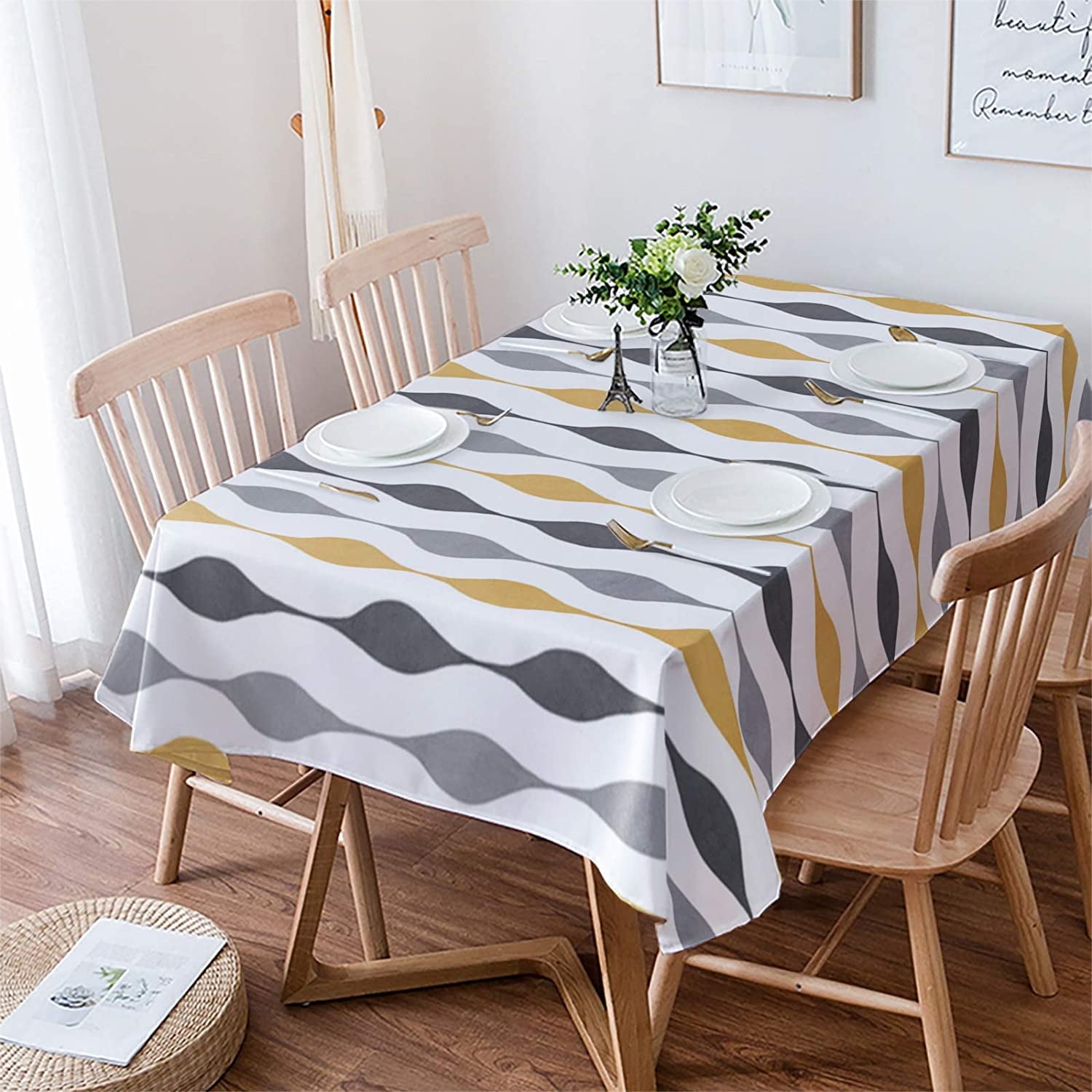 Gold and Grey Tablecloth Rectangle/Oval Geometric Stripes Table Cloth Outdoor Waterproof Gold and Grey Tablecloths for Party Picnic Indoor Table Cover for Dining/Kitchen 60x102inch