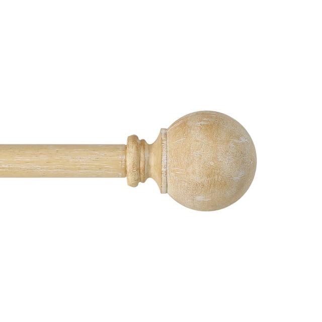 Mainstays 3/4” Mid-tone Faux Wood Ball Adjustable Curtain Rod, 30”-84” showing a close-up side view of the mid-tone faux wood finish rod with a round ball finial, adjustable from 30 to 84 inches, suitable for lightweight curtains and sheers with included mounting hardware.