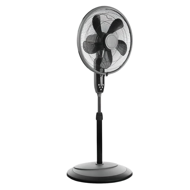 Ecohouzng 16 inch Oscillating Pedestal Fan with black five-blade design, metal protective grille, adjustable height stand, and round weighted base, providing efficient oscillation and air circulation for home or office cooling.