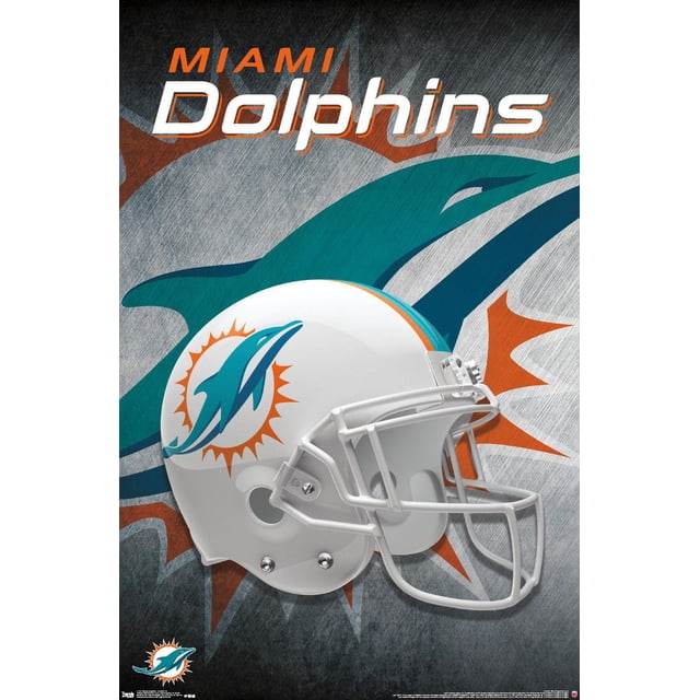 NFL Miami Dolphins' Miami Dolphins - Affiche Murale Casque 18, 14,725 Po x 22,375 Po Encadrée Montrant une Vue Latérale Centrée d'Un Casque de football Blanc avec le logo Miami Dolphins teal dolphin et orange sunburst sur le Côté, sur Fond Texturé avec un Grand logo Délavé des Dolphins et « text in orange and white above, ideal Wall art for home Decor, offices or sports fan rooms.