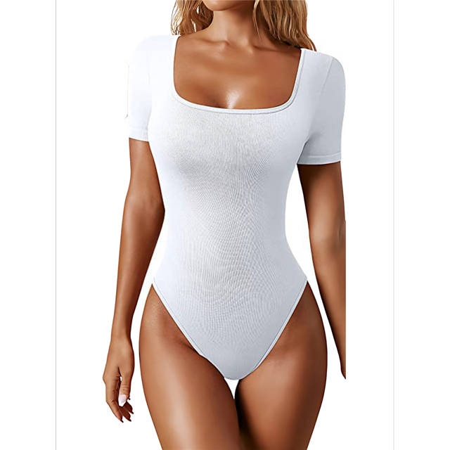 Women's 2 Piece Bodysuits Ribbed Square Neck Short Sleeve Bodysuits White S
