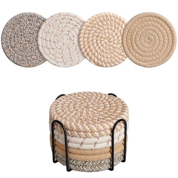 8-Piece Woven Coasters Set with Holder - Absorbent Boho Cotton Rope Coasters for Drinks, Coffee, Beer - 4 Colors Tabletop Protection for Home & Kitchen