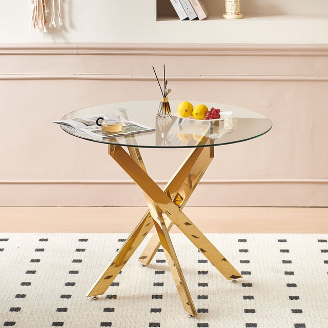 Noble House Round Dining Table,Glass Dining Table,gold metal X-shaped frame,glass table top,Golden