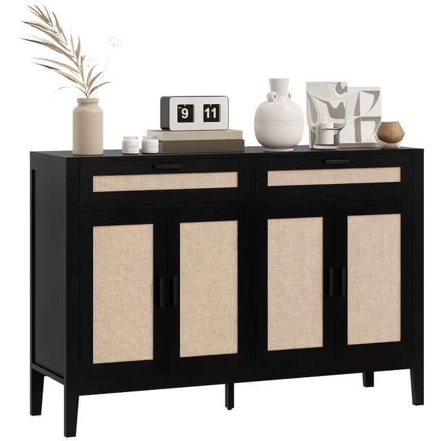 HOMCOM Buffet Bahut de 53 Pouces avec Tiroirs de Rangement et Portes en Noir, au design Bohème chic avec Panneaux avant en Rotin. l'Armoire Comprend Deux Tiroirs et des Armoires à Deux Niveaux avec Tablettes Ajustables, Offrant un Grand Rangement pour les Essentiels de Salle à Manger Ou les gadgets Multimédias. Pieds Surélevés Offrent un Nettoyage Facile en Dessous. Convient comme Buffet, Armoire console Ou Meuble Télé pour Téléviseurs jusqu'à 60 Pouces. Fait de Panneau de Particules et de Rotin avec une surface Enduite de Mélamine pour Résister aux Rayures et aux Taches.