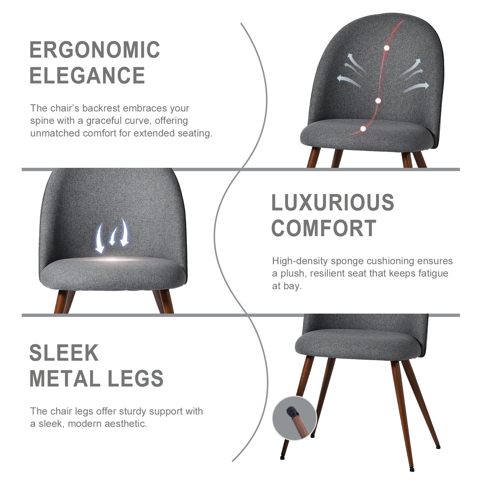 Lot de 2 chaises de salle à manger Homy Casa sans accoudoirs avec dossier incurvé et rembourré, tissu gris