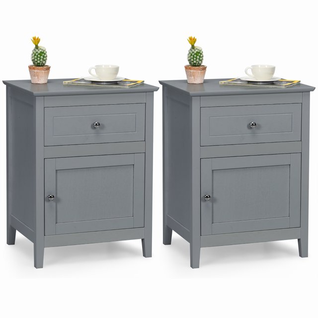Costway Table de Chevet 2 Pcs Tiroir Table d'Appoint Bout de Canapé Armoire de Rangement Gris