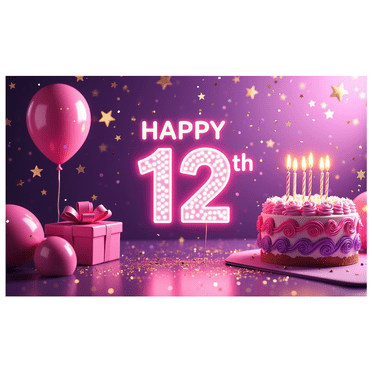 Bannière de Fond Joyeux Anniversaire avec Décoration de Gâteau Ballon Célébration Événement Photographie Fournitures de Fête Décor de Cabine Photo pour Enfants 12e Anniversaire