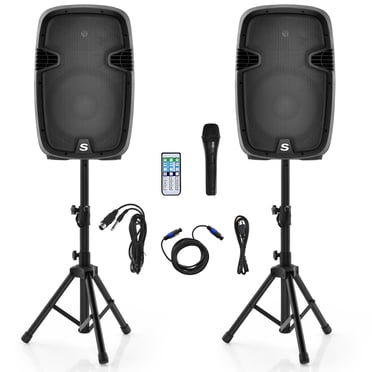 Costway Dual 12" 2-way 2000W Powered TWS Speakers w/  Mic Speaker Stands Cables