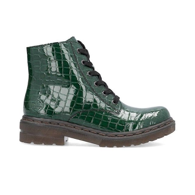 Bottes Cheville Vernies Rieker 78240-54 Paris Vert pour Femmes avec Tige Synthétique Brillante à Texture Crocodile, Laçage et Fermeture Éclair, et Semelle en Élastomère Thermoplastique durable. Conçues avec une Doublure en Molleton, une Semelle Intérieure textile Rembourrée et un Talon de 39 mm pour le Confort et le style.