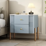 Modern Nightstand With 2 Storage Drawer, Fluted Bedside Table With Golden Metal Handles And Legs, End Table For Living Room And Bedroom, Easy Assembly,Blue-MDF