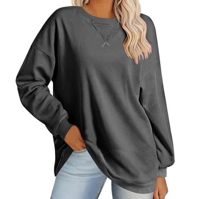 Penkiiy Chandails Surdimensionnés pour Femmes Tendance Décontracté Ample Col Rond Manches Longues Hauts Tenues d'Automne 2024 L Gris Foncé