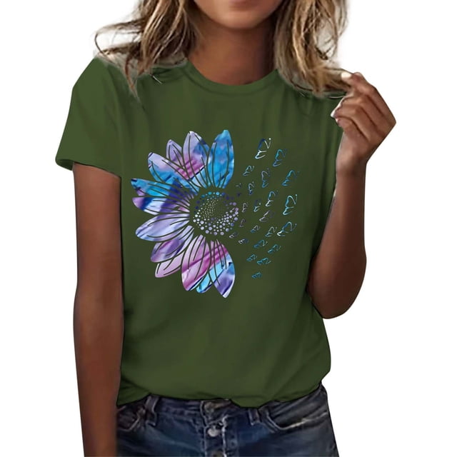 WEIYLL T-Shirts pour Femmes Imprimé Lettre Manches Courtes Col Rond Vert Foncé Tailles TTTG
