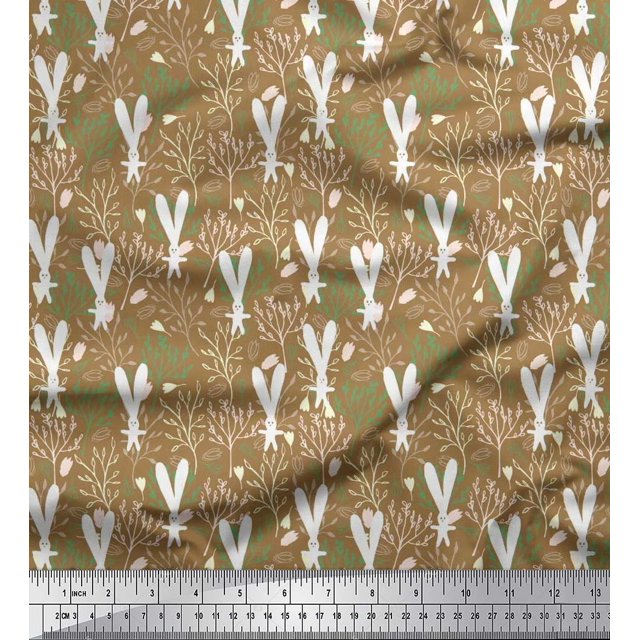 Soimoi Moss Georgette Fabric Leaves,Floral & Rabbit Cartoon Printed Fabric 1 Yard 42 Inch Wide