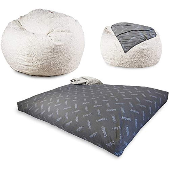 CordaRoy's Faux Fur Bean Bag Chair, Convertible Chair Folds from Bean Bag to Bed, As Seen on Shark Tank, White - Queen Size