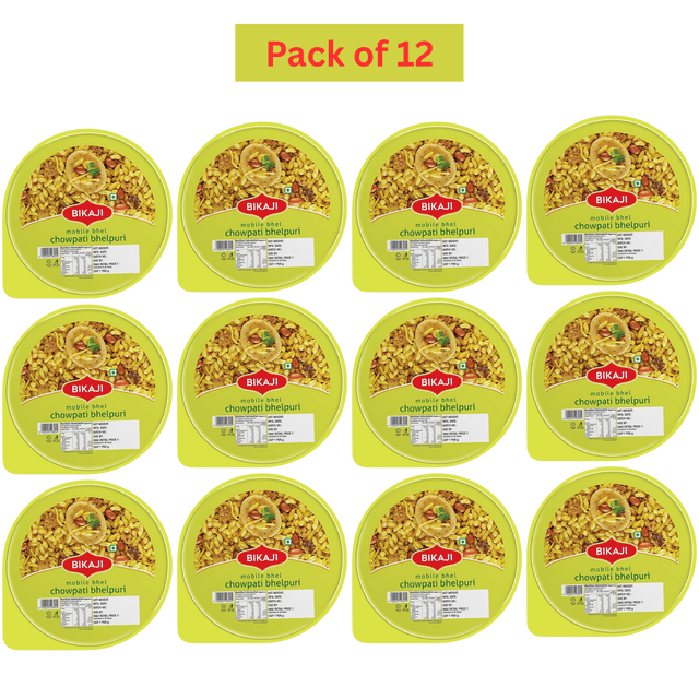 Bikaji Chowpati Bhelpuri Indian Snacks 110g - 12 Pack, showcasing a mix of puffed rice, crispy gram noodles, roasted peanuts, and gram pulses in a tangy-spicy chutney blend. The image displays 12 yellow mobile packs arranged in a grid, each with the Bikaji logo and product details. Perfect for enjoying authentic Mumbai street food flavors on the go.