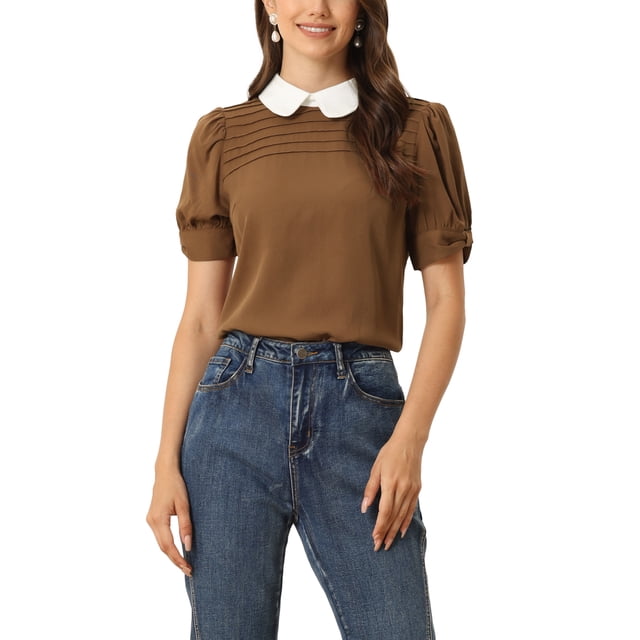 INSPIRE CHIC Blouse Plissée à Manches Courtes Bouffantes pour Femme à Col Peter Pan Contrastant Brun Foncé S
