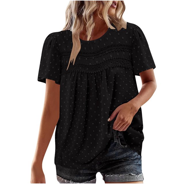 Styesk Hauts pour Femmes Femmes Décontracté Boho Haut Manches Courtes Été Col Rond Chemises Amples Dentelle Décontracté Blouses Unies